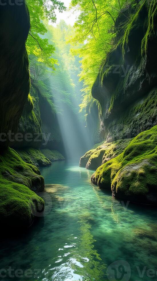 Serene and Narrow River Gorge With Lush Greenery, Sunlight Filtering Through the Foliage, Highlighting the Moss Covered Rocks photo