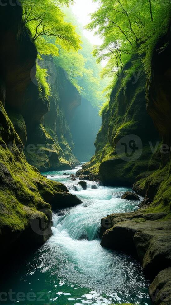 Serene and Narrow River Gorge With Lush Greenery, Sunlight Filtering Through the Foliage, Highlighting the Moss Covered Rocks photo