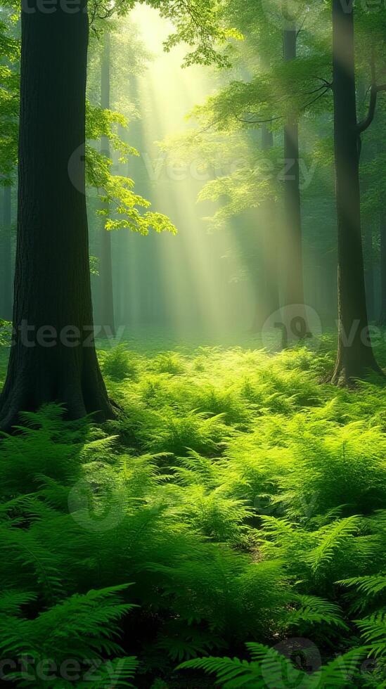 Lush Green Forest With Sunlight Filtering Through The Canopy photo