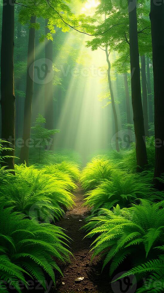 Lush Green Forest With Sunlight Filtering Through The Canopy photo