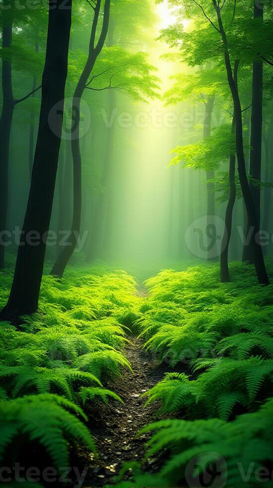 Lush Green Forest With Sunlight Filtering Through The Canopy photo