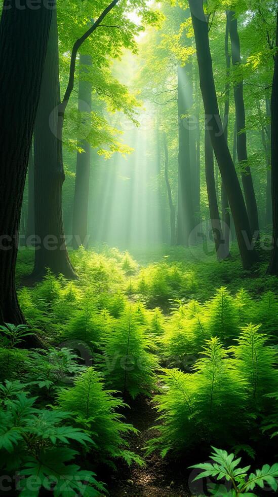 Lush Green Forest With Sunlight Filtering Through The Canopy photo