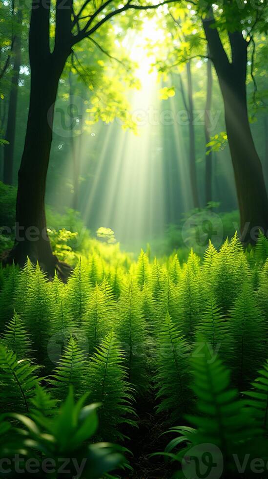 Lush Green Forest With Sunlight Filtering Through The Canopy photo
