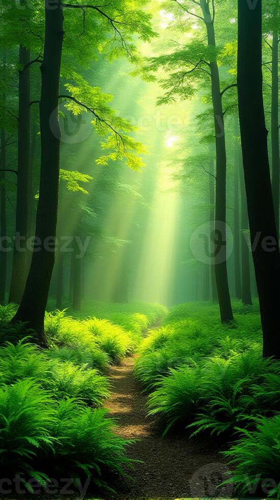 Lush Green Forest With Sunlight Filtering Through The Canopy photo
