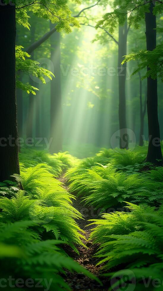 Lush Green Forest With Sunlight Filtering Through The Canopy photo