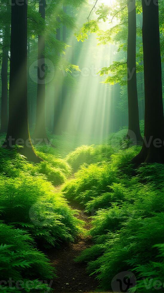 Lush Green Forest With Sunlight Filtering Through The Canopy photo