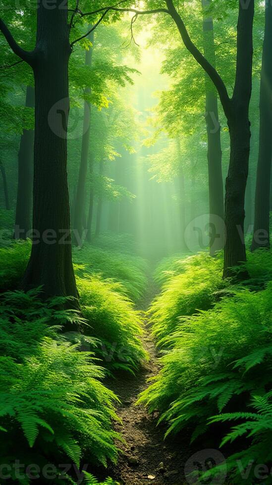 Lush Green Forest With Sunlight Filtering Through The Canopy photo