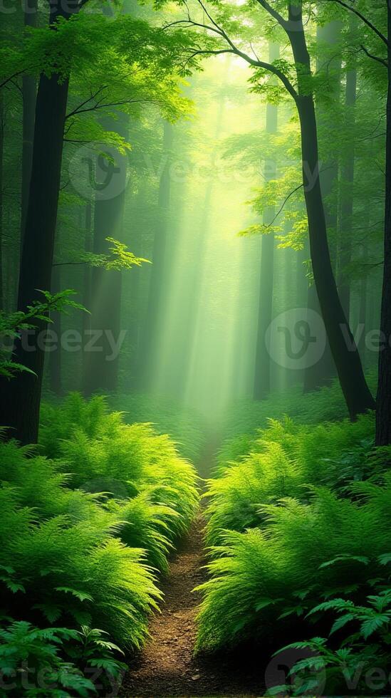 Lush Green Forest With Sunlight Filtering Through The Canopy photo