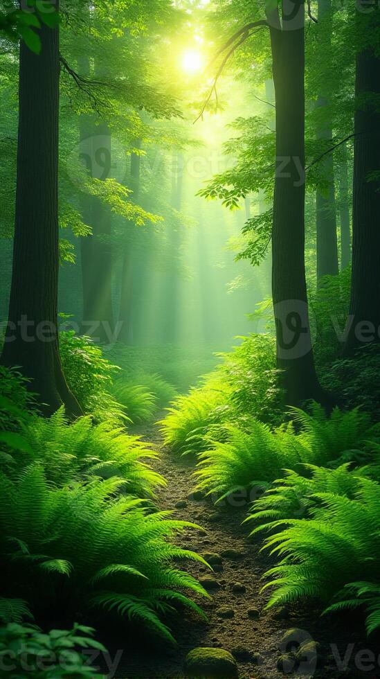 Lush Green Forest With Sunlight Filtering Through The Canopy photo
