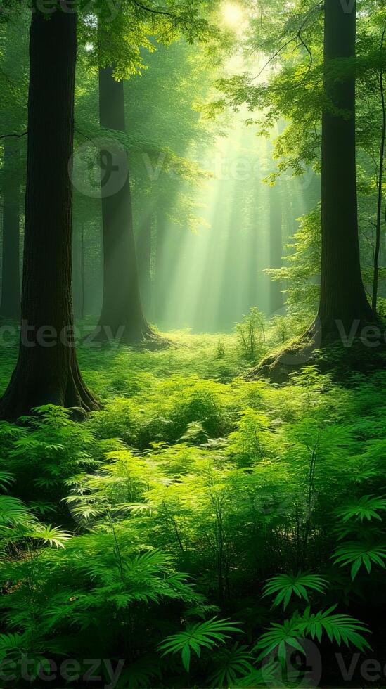 Lush Green Forest With Sunlight Filtering Through The Canopy photo