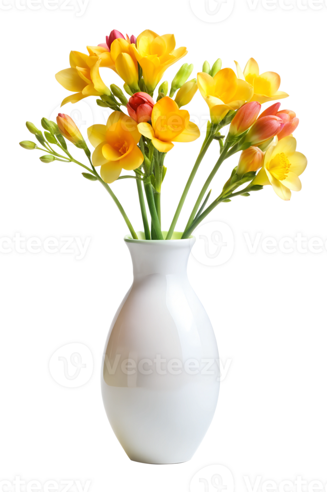 Freesia flowers in a white ceramic vase, minimalist style isolated on transparent background png