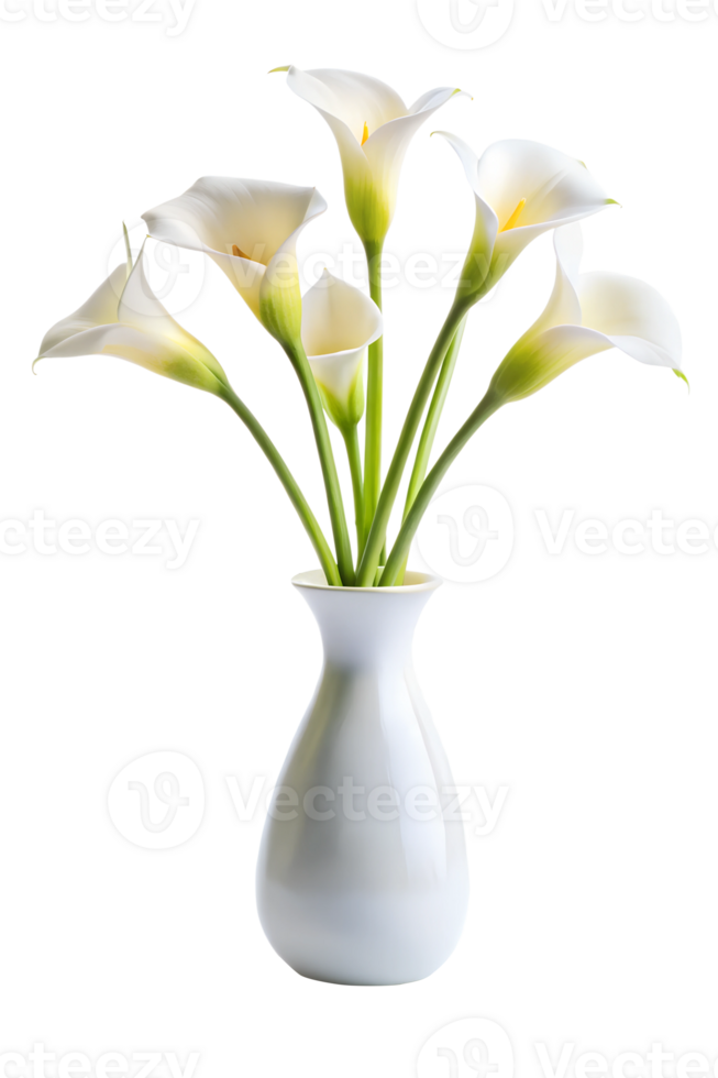Calla Lily flowers in a white ceramic vase, minimalist style isolated on transparent background png