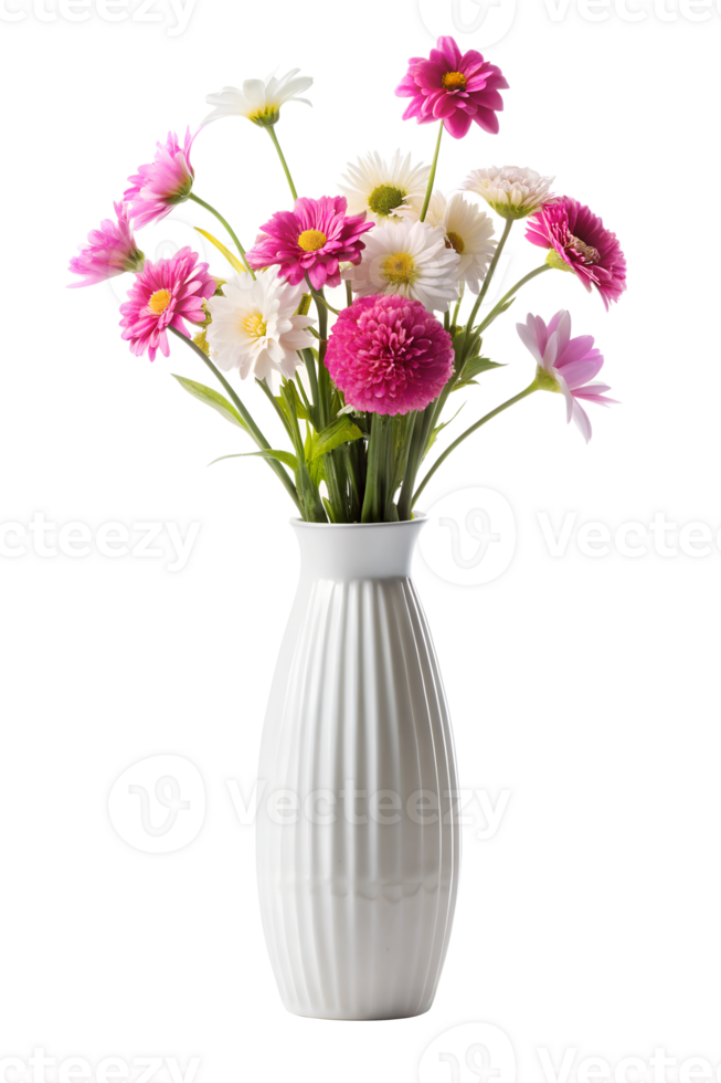 Mix flowers in a white ceramic vase, minimalist style isolated on transparent background png