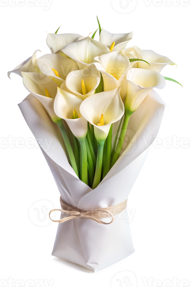a bouquet of Calla Lily flower in a white package isolated on transparent background png
