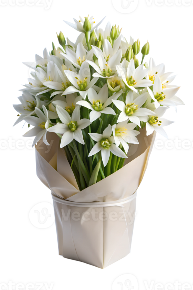 a bouquet of Star of Bethlehem flower in a white package isolated on transparent background png