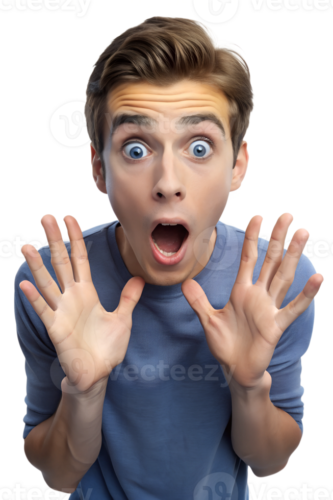 3D rendering of A young man with wide, open eyes and his mouth slightly agape, frozen in a moment of complete surprise. His hands are raised slightly in front of him, palms facing outward in a reactiv png