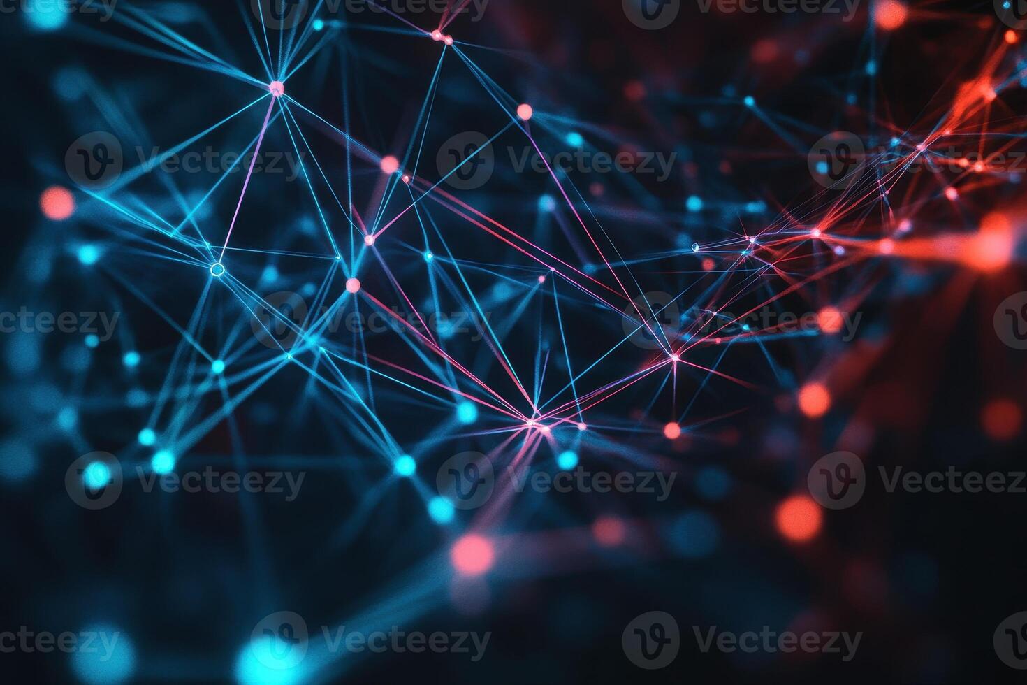 Digital network visualization with glowing blue and red nodes and lines on dark background photo