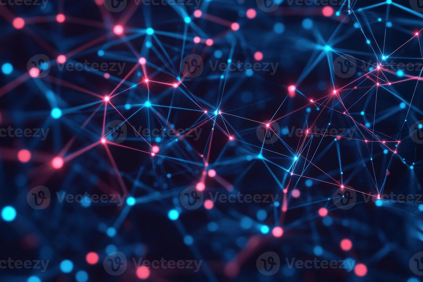 Digital network visualization with glowing blue and red nodes and lines on dark background photo