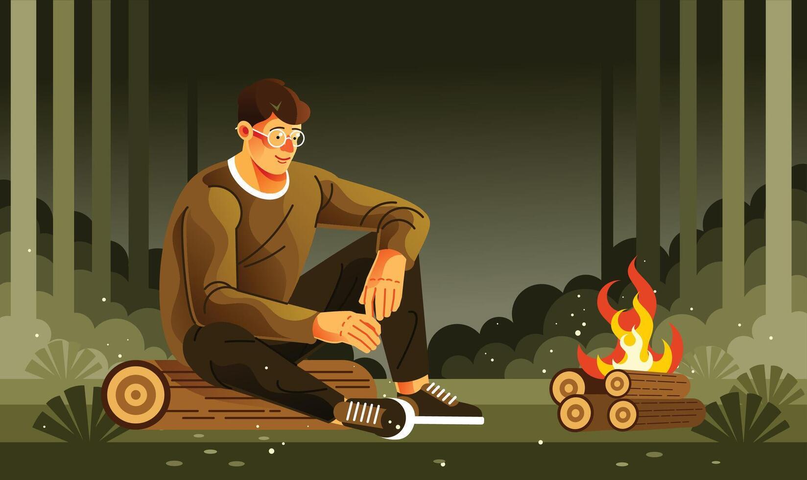 Young Man Sitting at a Campfire vector