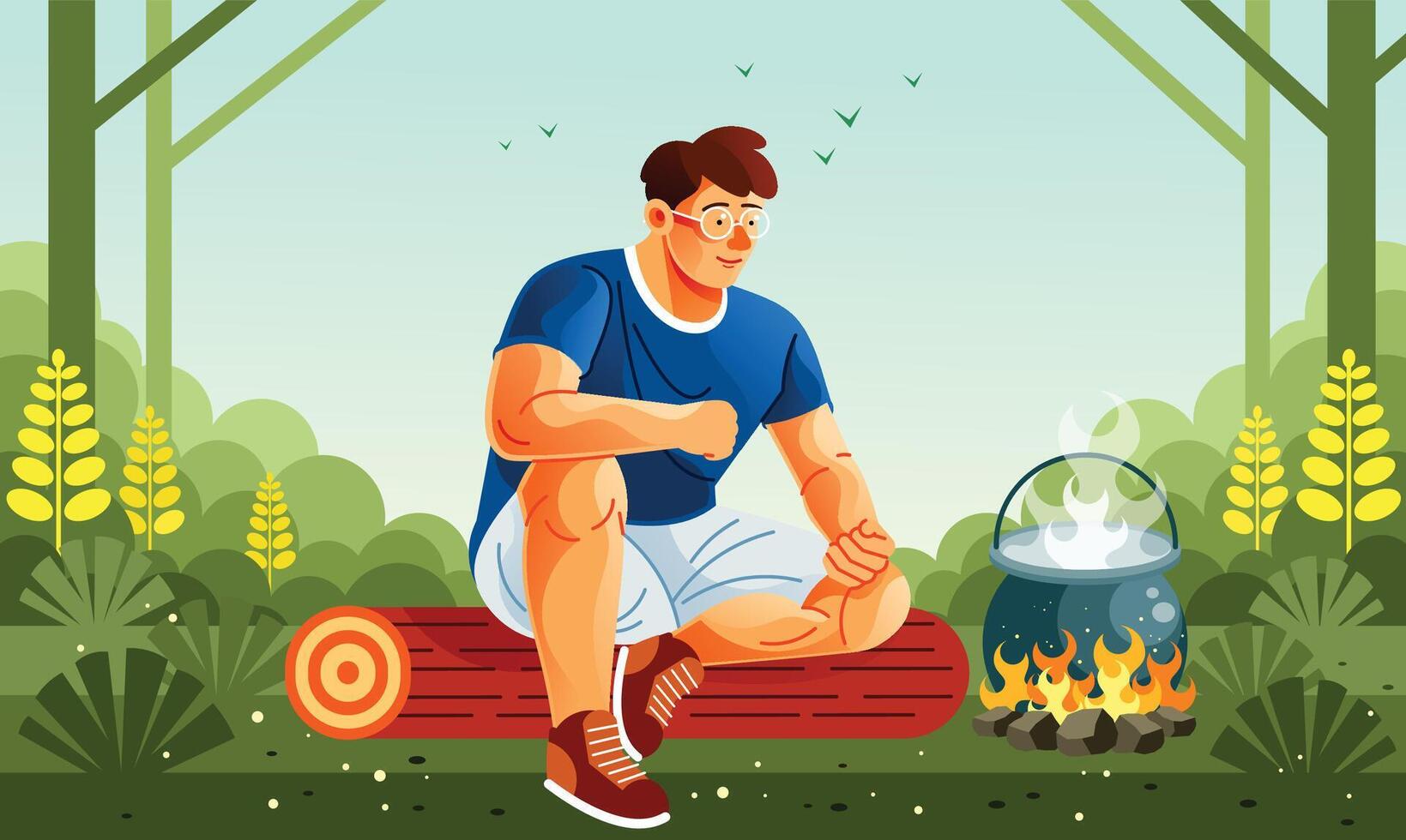 Young Man Boiling Water in Pot Over an Open Fire vector