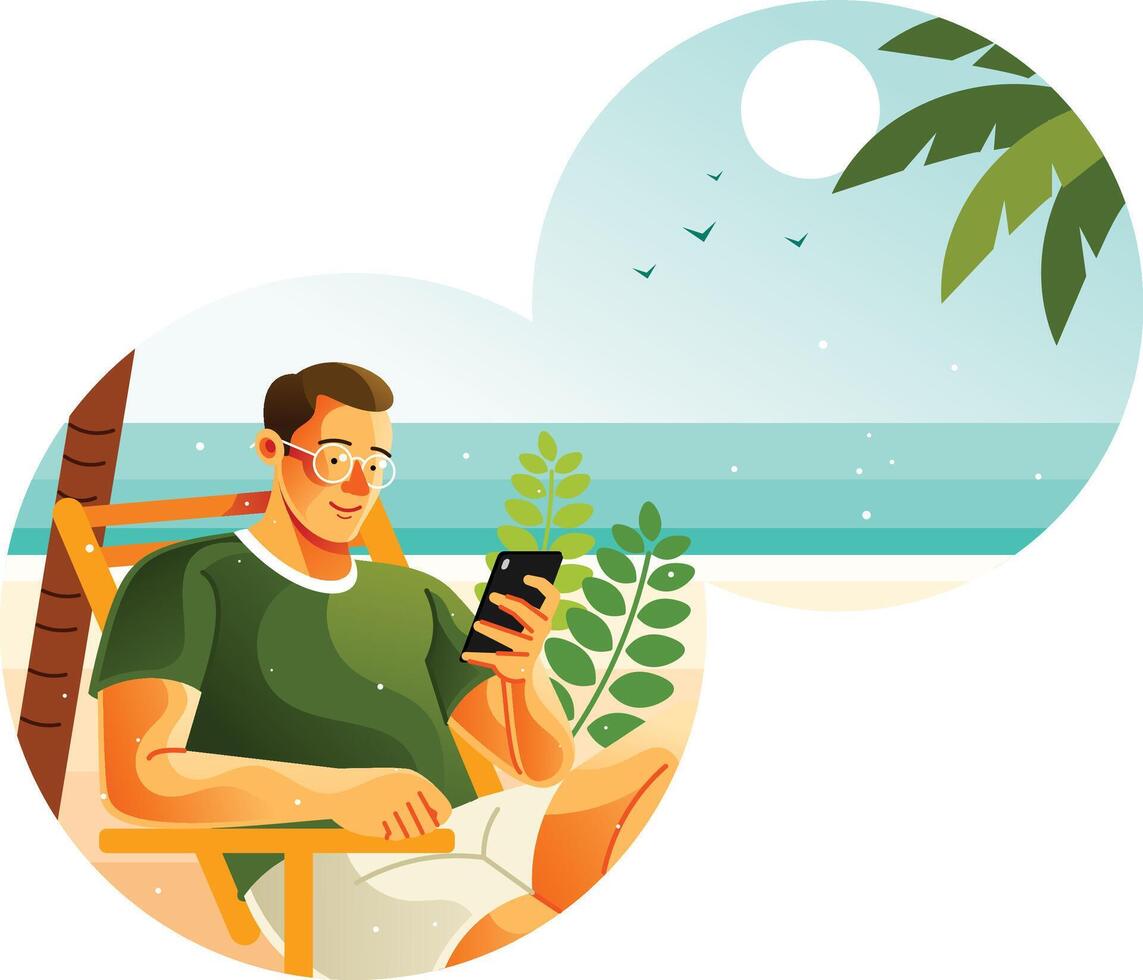 Man Using Smartphone on Beach in Summer vector