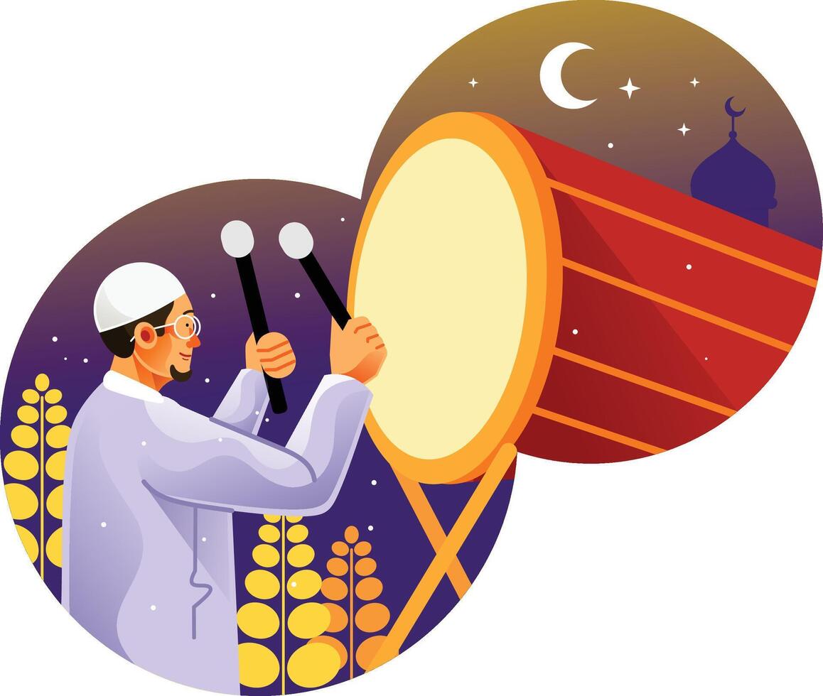 Muslim Man Hitting Drum Celebrating Eid Mubarak vector