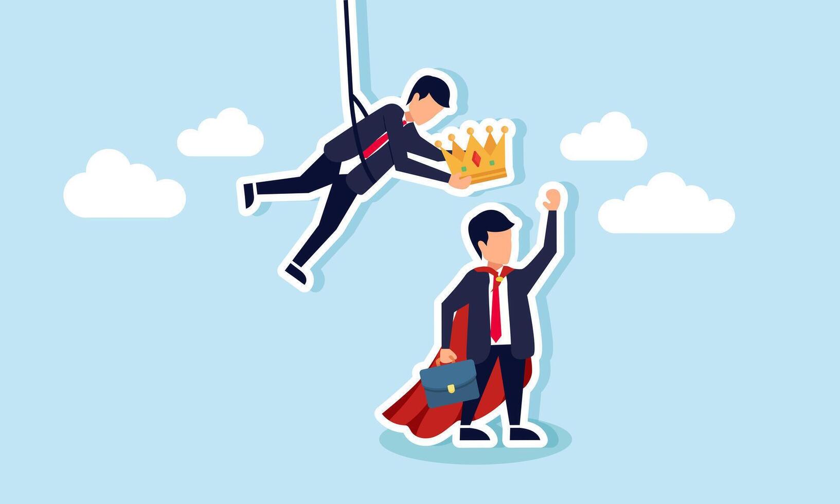 A businessman hanging by a rope carrying a crown, aiming to place it on a super businessman, illustrating recognition for disciplined and hardworking employees vector
