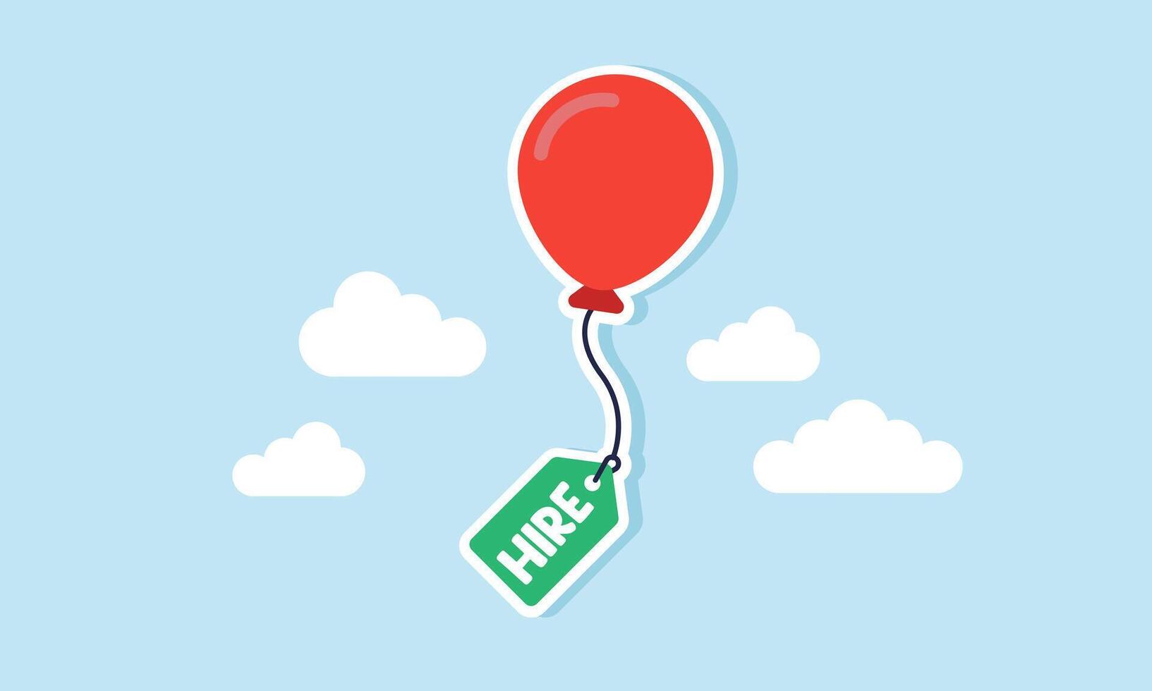 A balloon floating with a string attached to a tag labeled HIRE, illustrating the company's promotional strategy for hiring employees vector