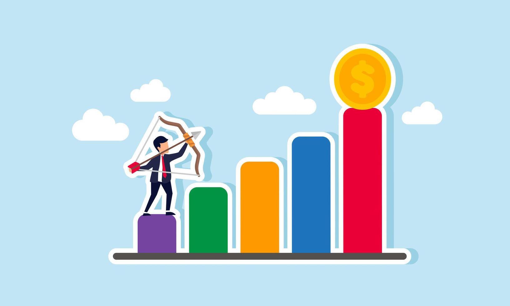 A businessman is aiming at a dollar coin positioned at the peak of a chart, illustrating the goal of targeting a specific dollar collection price for future all-time highs. vector
