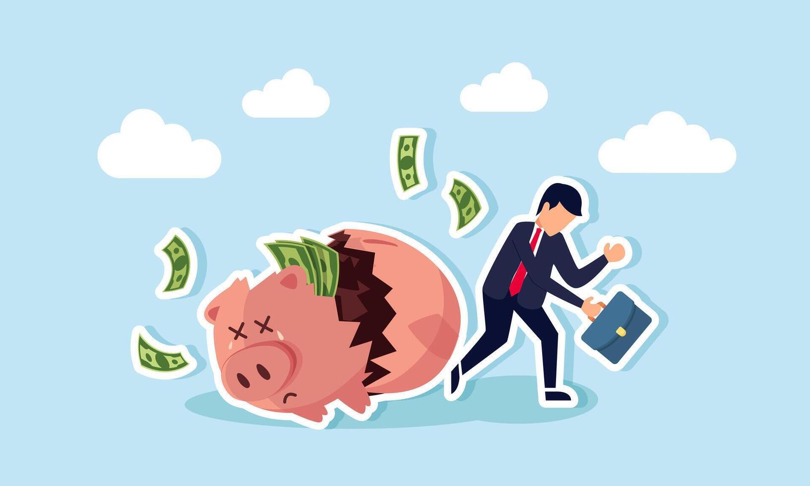A businessman walking beside a broken piggy bank with money flying away, feeling tired and frustrated, illustrating the failure of an investment in stocks resulting in losses vector