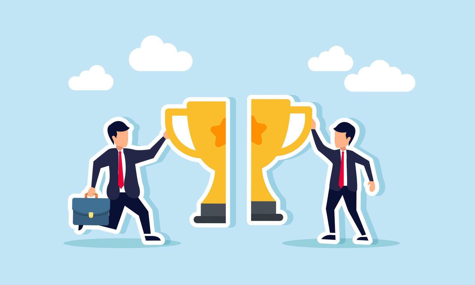 Two businessmen carry trophy pieces to combine, illustration of teamwork in achieving shared accomplishments or collaboration between businesses to reach success vector