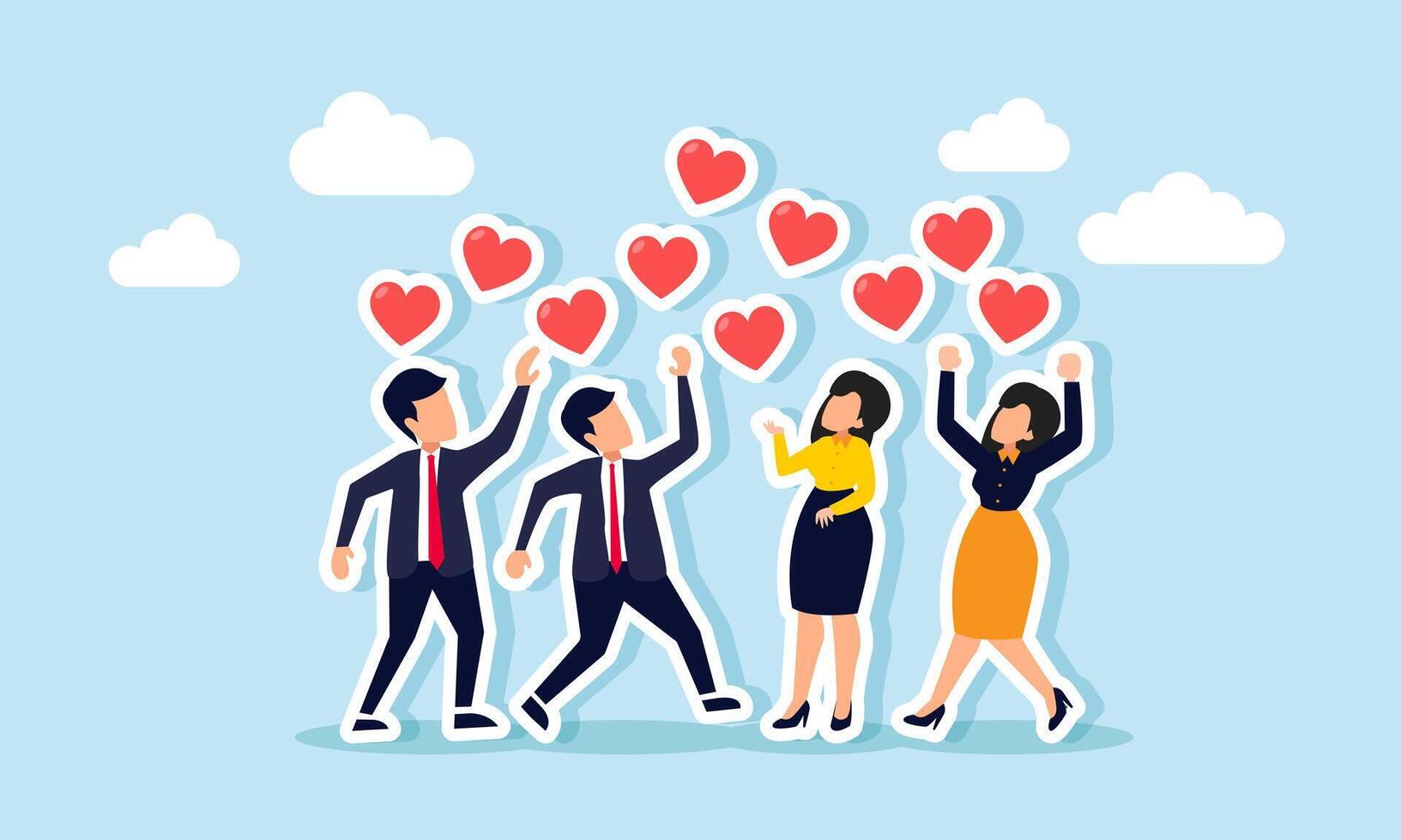 Several businessmen scrambling for flying heart symbols, illustration of the competition for market engagement or battling for market share vector