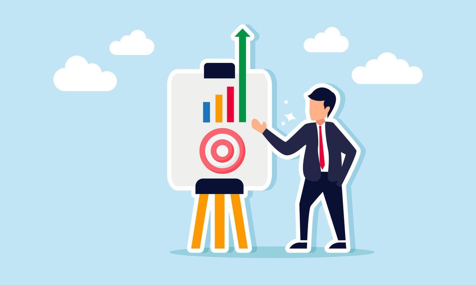 A businessman presenting a target graph on an upward trend, illustration of an explanation of business performance and target growth vector