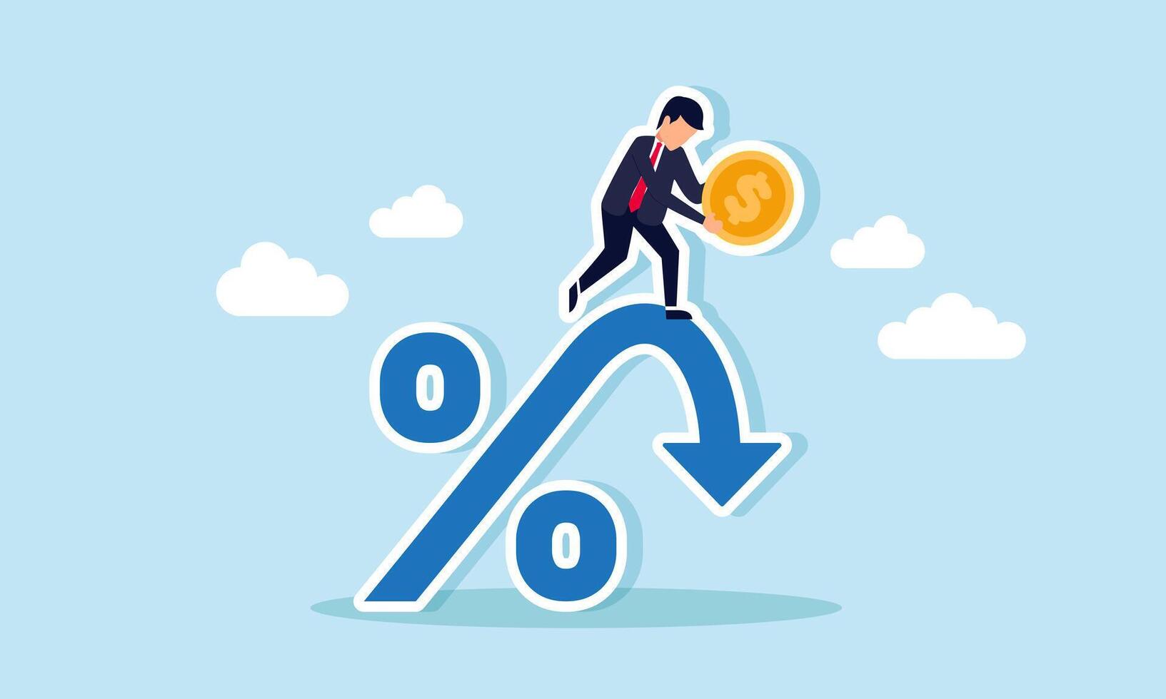 A frustrated businessman holding a dollar coin stands on a downward percentage arrow, illustrating the decline in dollar valuation. vector