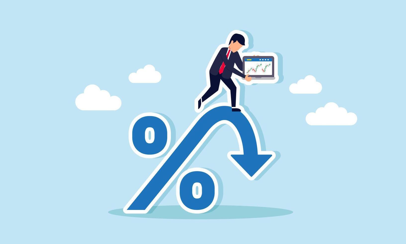A frustrated businessman holding a laptop displaying a stock graph stands on a downward percentage arrow, illustrating decrease in capital gains from stocks. vector