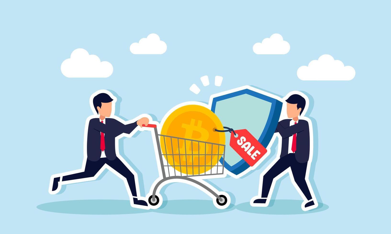 A businessman with a cart filled with Bitcoin labeled Sale is blocked by another holding a shield, illustration of a drop in Bitcoin valuation is low demand or reluctance to buy Bitcoin vector