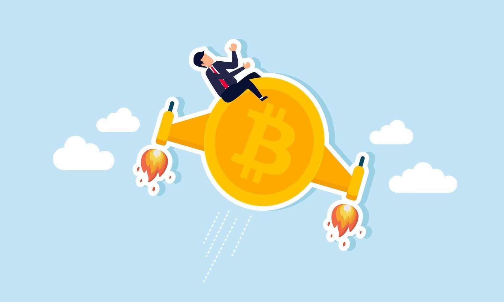 A businessman is riding a bitcoin jet soaring into the sky, illustration of the positive trend of bitcoin's valuation towards an all-time high. vector