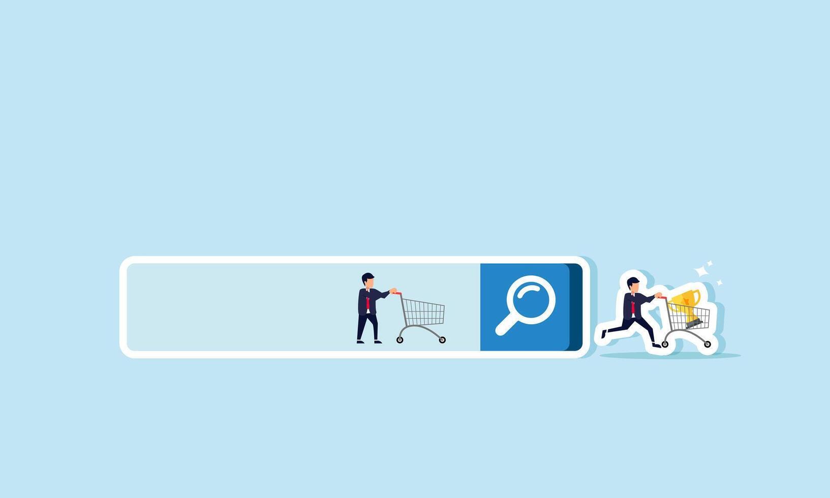 A businessman stands still with a trolley inside a search box, while another runs out, pushing a trolley filled with trophies, illustrating rewards for research in his business field. vector
