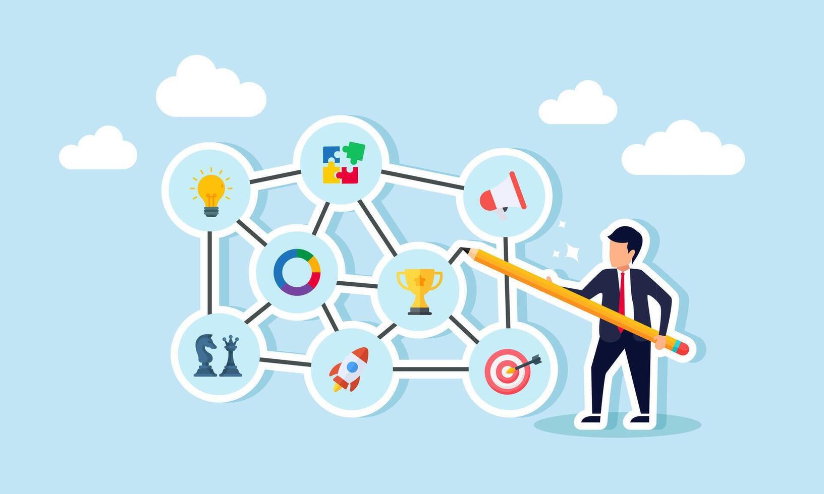 A businessman holding a pencil is sketching a map for business marketing strategy, illustration of the planning or mitigation strategy for business promotion. vector