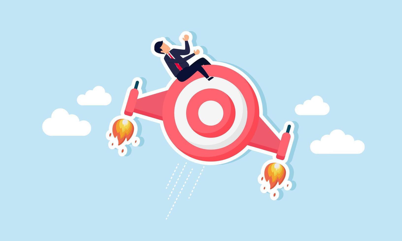 A businessman is riding a target board jet soaring into the sky