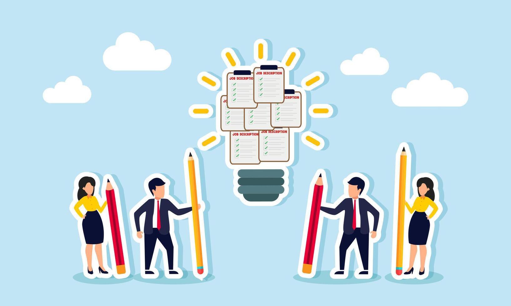 A group of businessmen is brainstorming with pencils, organizing a job description board forms a shining light, illustration of the design of effective job for the business team. vector
