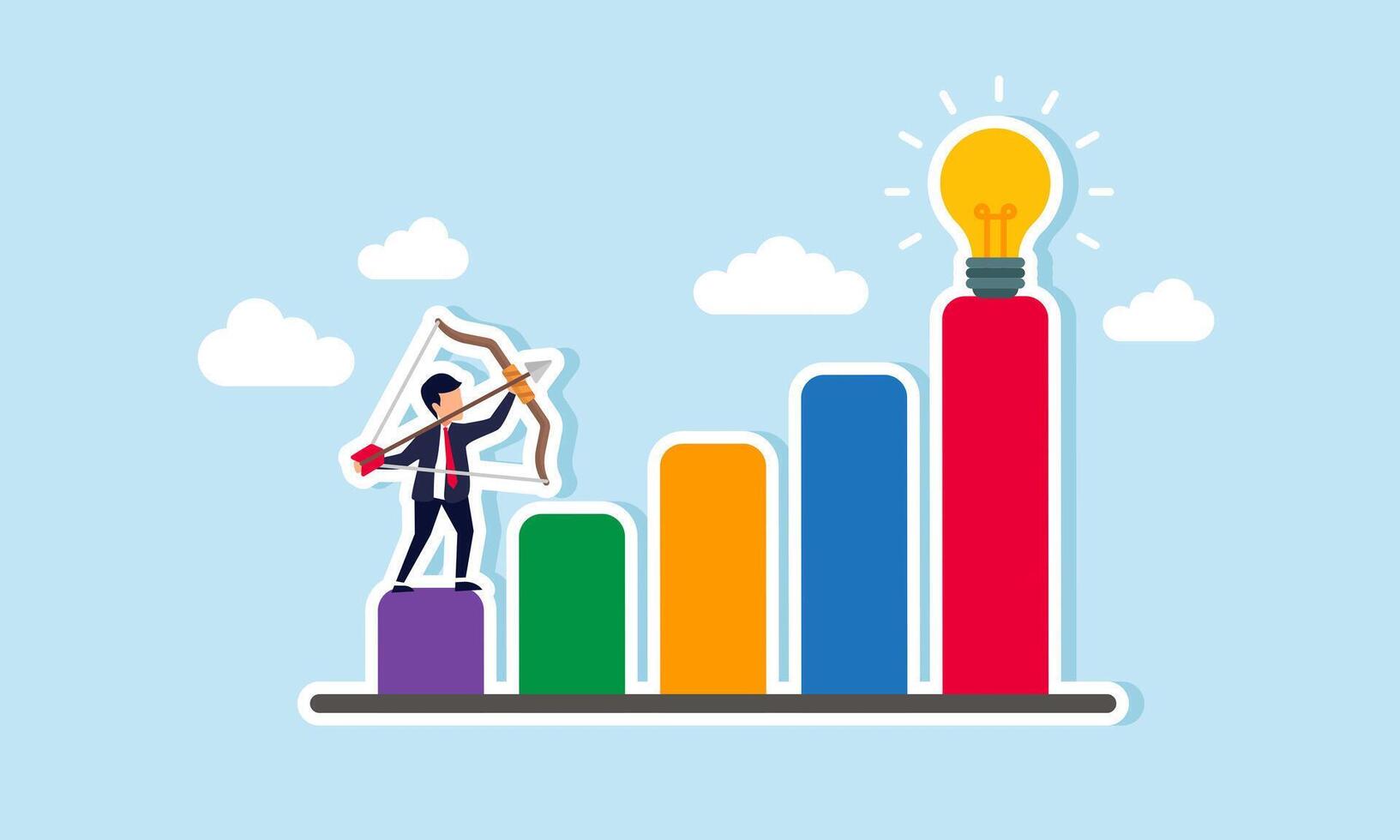 A businessman is aiming at a shining light at the peak of a chart, illustrating the proposal of ideas and innovations with hopes they will be executed within the company. vector