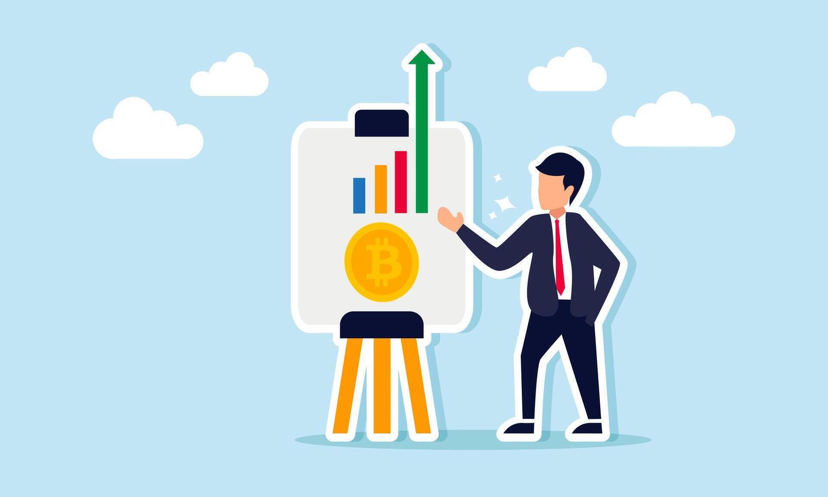 A businessman presenting a bitcoin graph on an upward trend, illustration of an explanation of the growth in bitcoin valuation vector