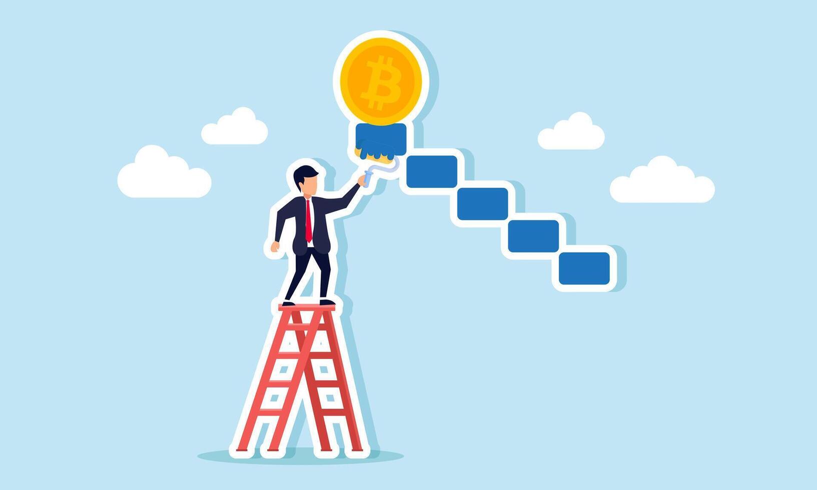 A businessman climbing a ladder to paint the blocks supporting a bitcoin, illustrating the effort to secure bitcoin assets vector