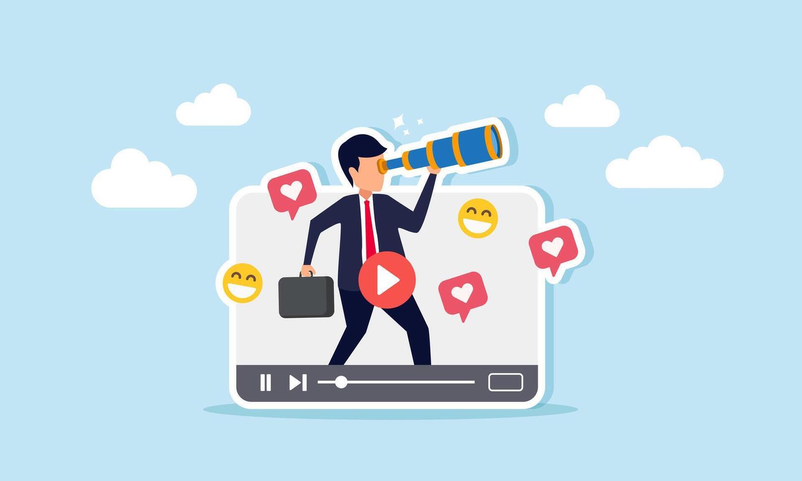 A businessman looks through a media player filled with heart and smile emoticons, illustrating an entrepreneur's vision in promotional strategy on social media vector