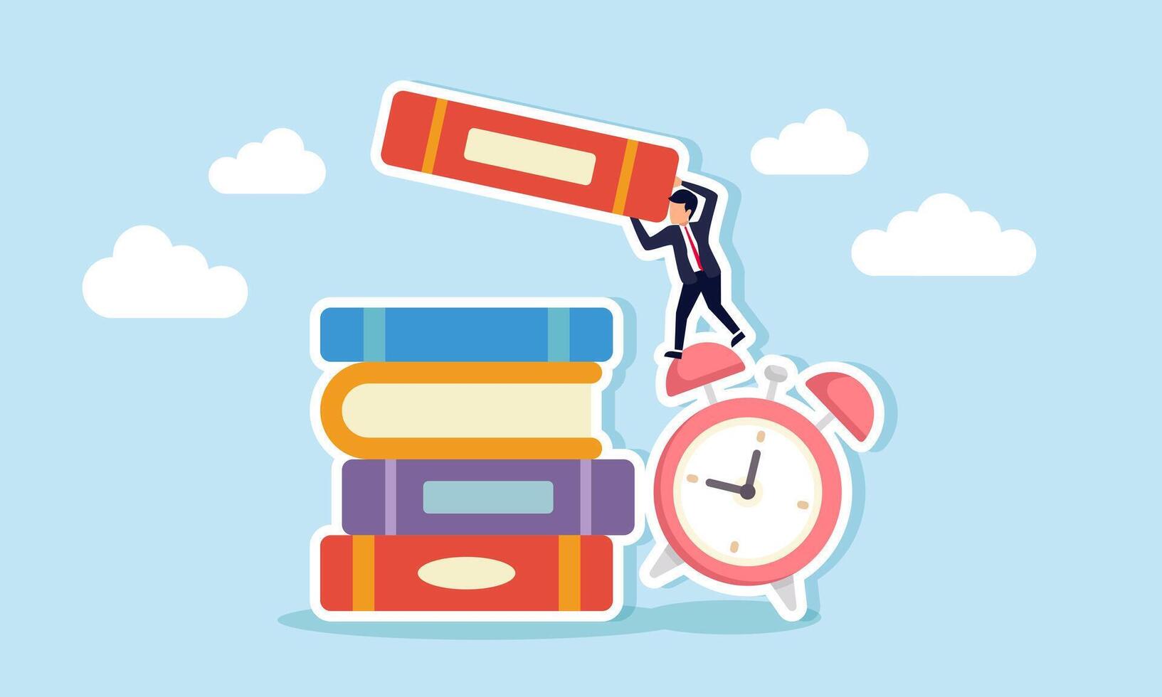 A businessman carrying a book is climbing on an alarm clock to organize the book, an illustration of the completion of a business project report on time. vector