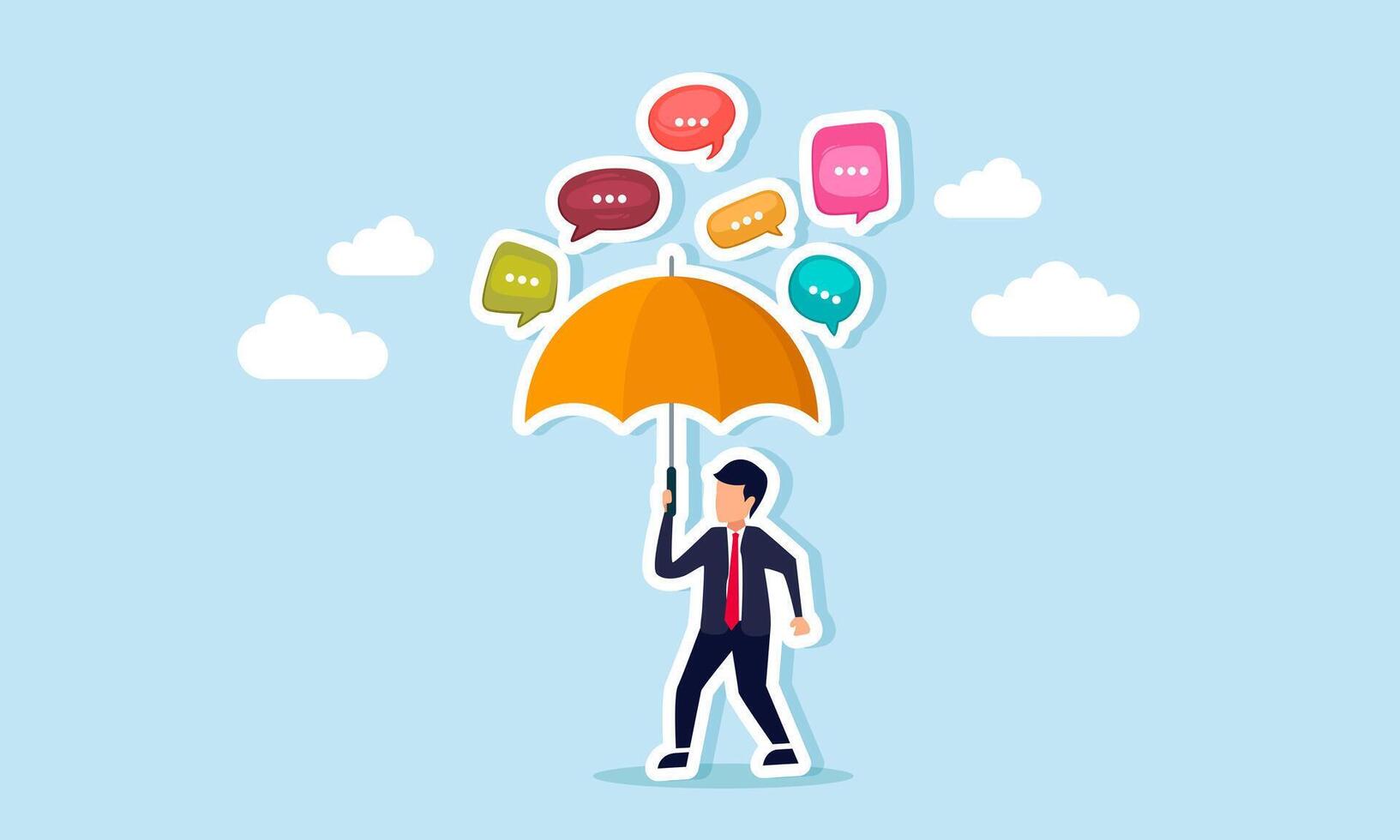 A businessman holding an umbrella protects himself from a rain of text dialogues, illustrating sheltering from or ignoring insults and negative remarks about his business vector