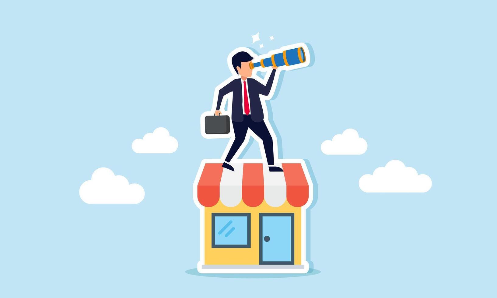 A businessman looks through a telescope from atop a store, illustrating an entrepreneur's vision in promoting his business or marketplace vector