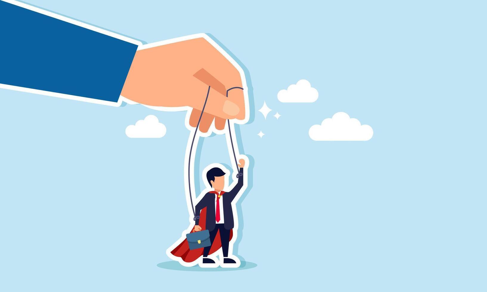 A super businessman is controlled by a string connected to his hand, illustrating the game of business in playing the role of a company with strong management and financial foundations vector