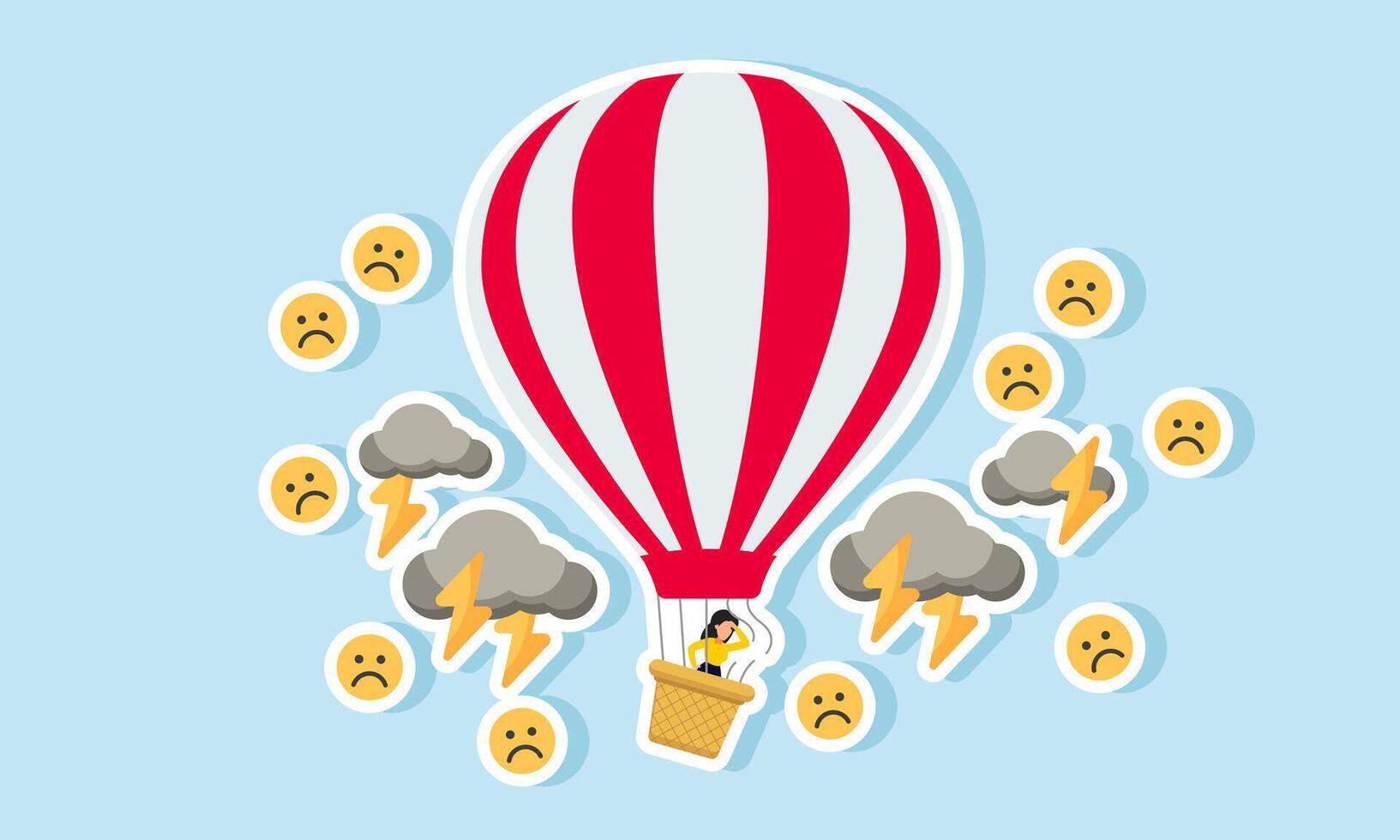A businessman is in a hot air balloon with a broken rope, caught in a storm of sad emoticons, illustration of many competitors disliking our company's performance. vector